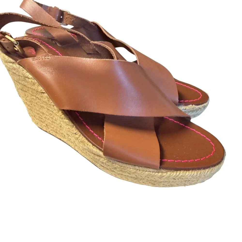 Boden Tan Leather Espadrille Wedge Sandals Slingback Brown Pink Stitch 40 9.5